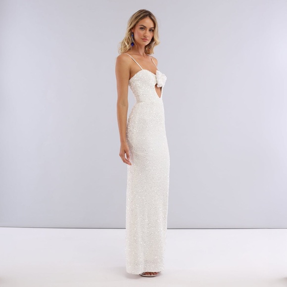 New! Helsi x Anthropologie Lyla White Sequin Rose Keyhole Column Maxi Dress🤍 Lrg - Picture 7 of 15